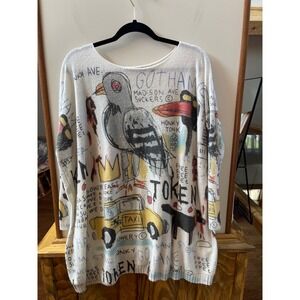 Coeur De Vague Graffiti Knit Oversized Sweater Womens OS White Basquiat Style